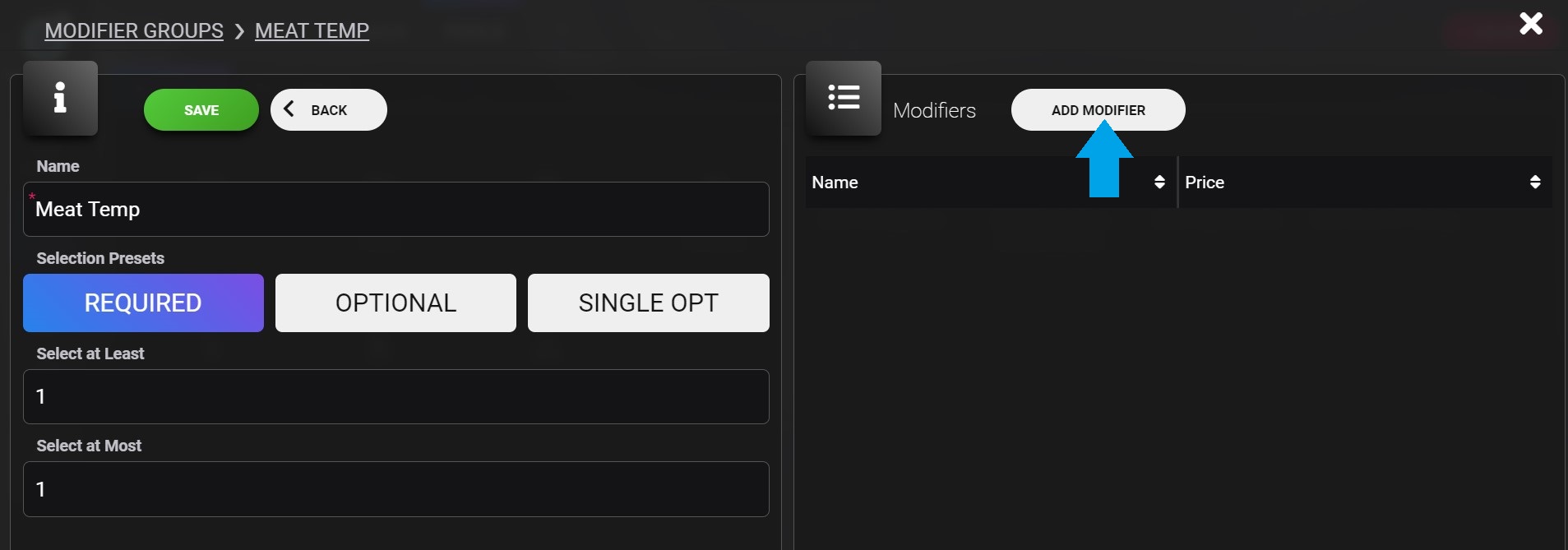 Adding/Editing Menu Item Modifiers
